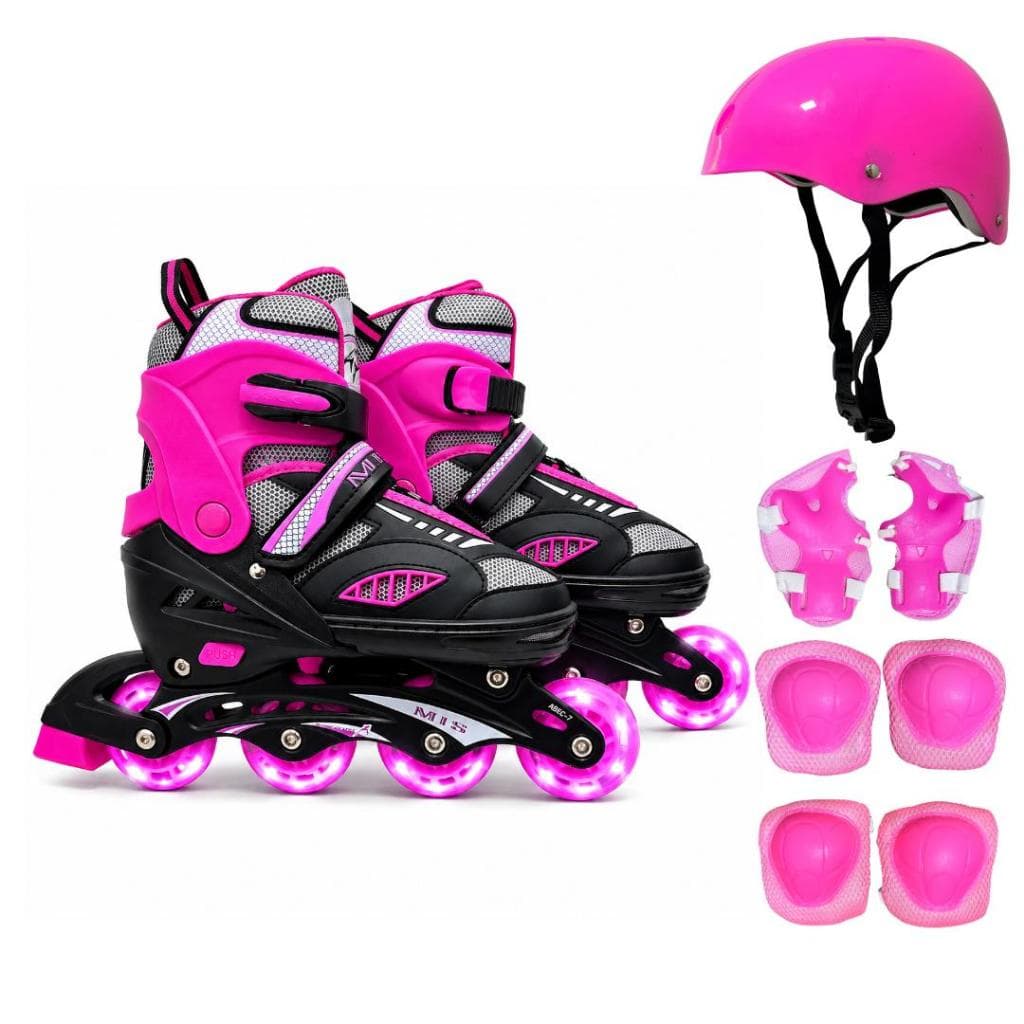 Patins Inline Roller New Semi Pró Ajustavel Regulavel Rodinhas de LED + KIT PROTEÇÃO