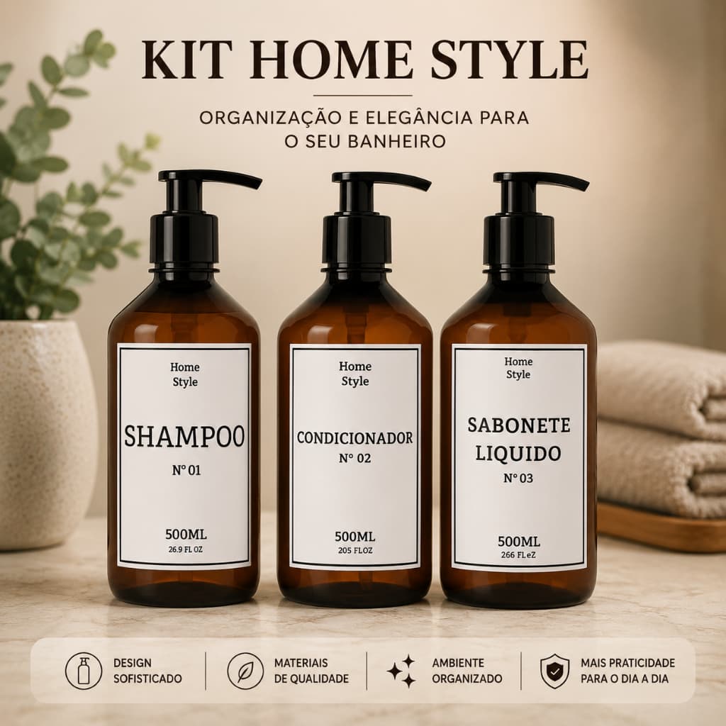 Kit Banho Frasco Âmbar Pet 3pçs Shampoo Condicionador e Sabonete líquido Dispenser 500ml