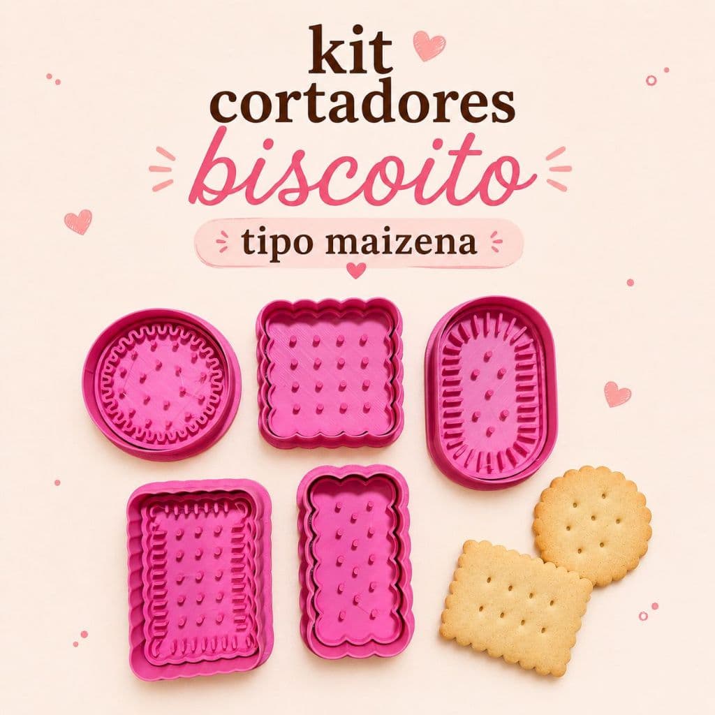 kit 5 cortadores de biscoito tipo bolacha maizena com carimbo