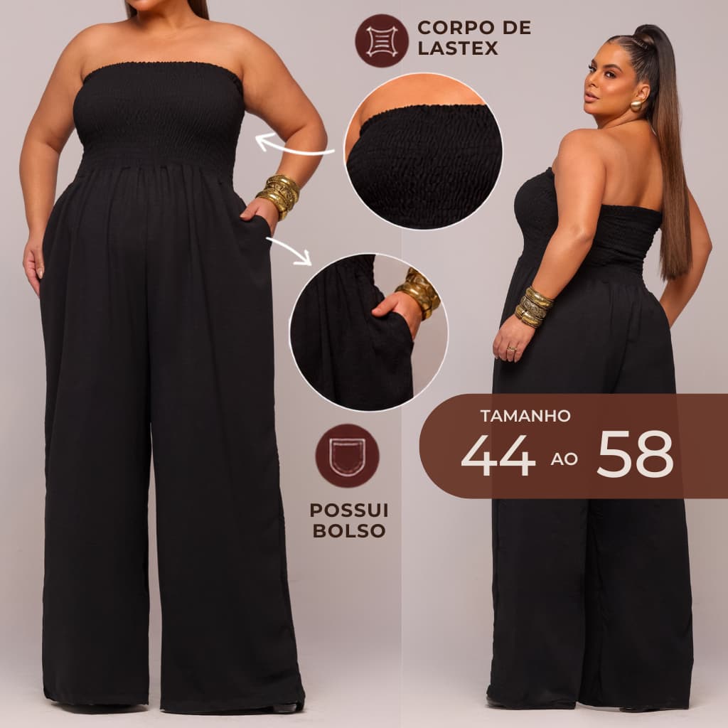 Macacão Feminino Plus Size Longo com Bolso Tomara que Caia Busto em Lastex 44 ao 58