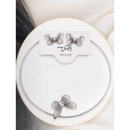 CONJUNTO COLAR ARO E BRINCO BORBOLETA PRATEADO LUXO.