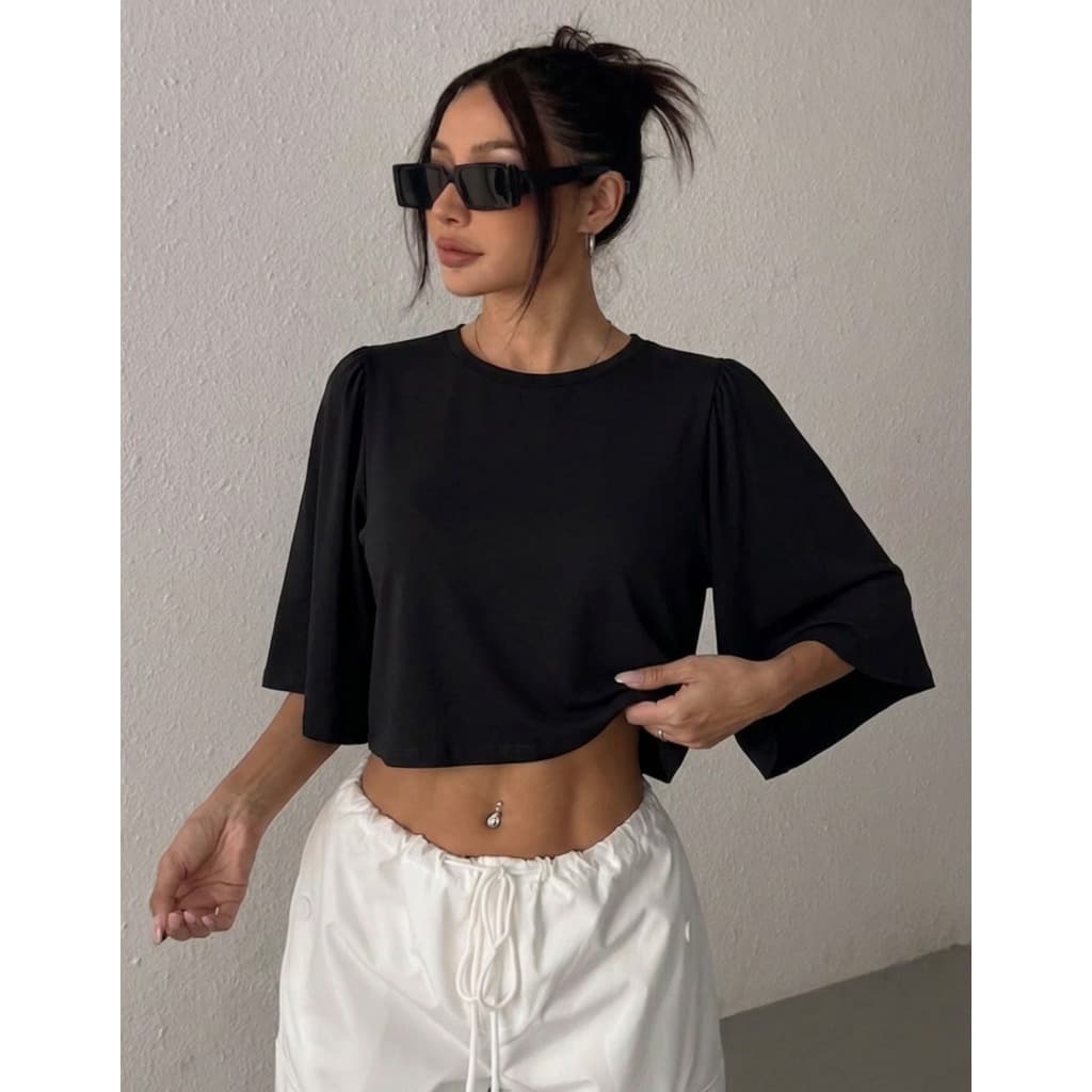 Blusa Feminina Social Plus Manga Flare Soltinha Viscolycra Cropped Blogueira