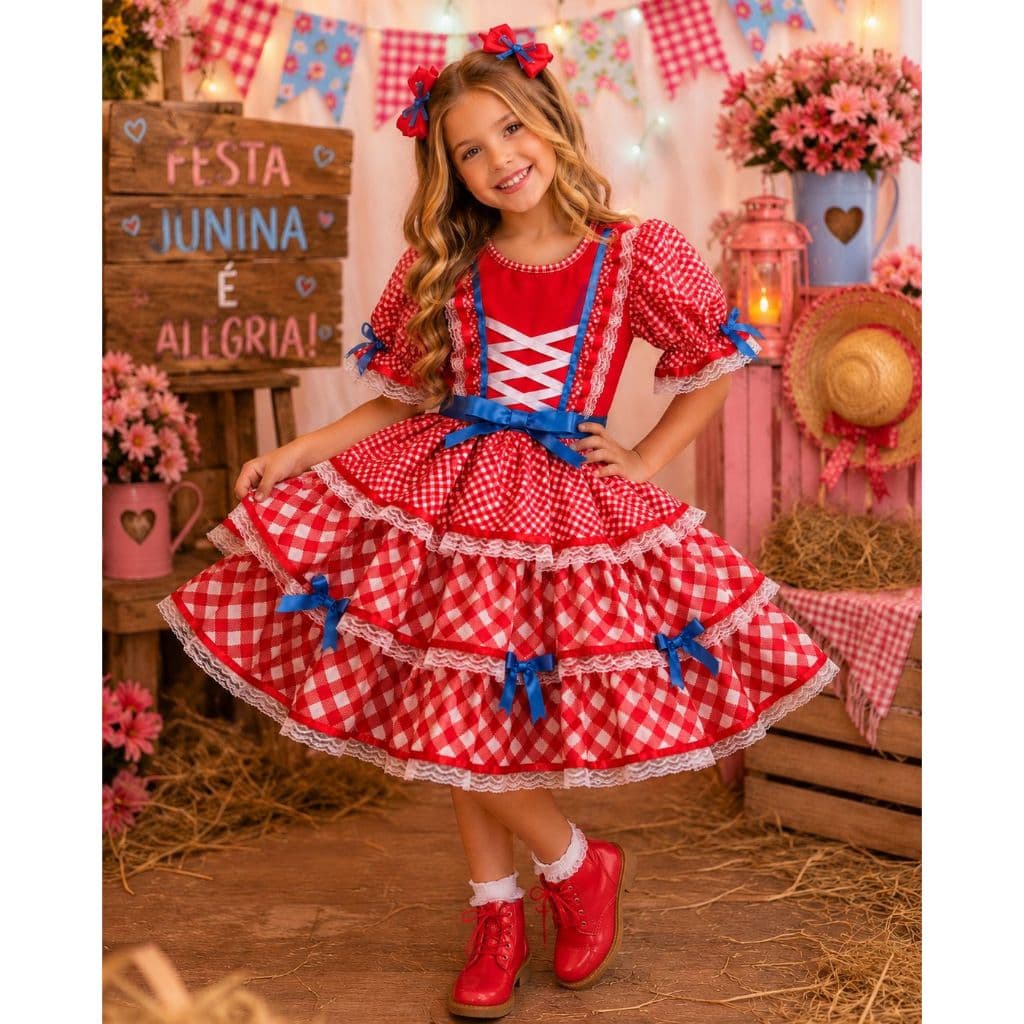 Vestido Infantil Dança Quadrilha Festa Junina Com Fitas
