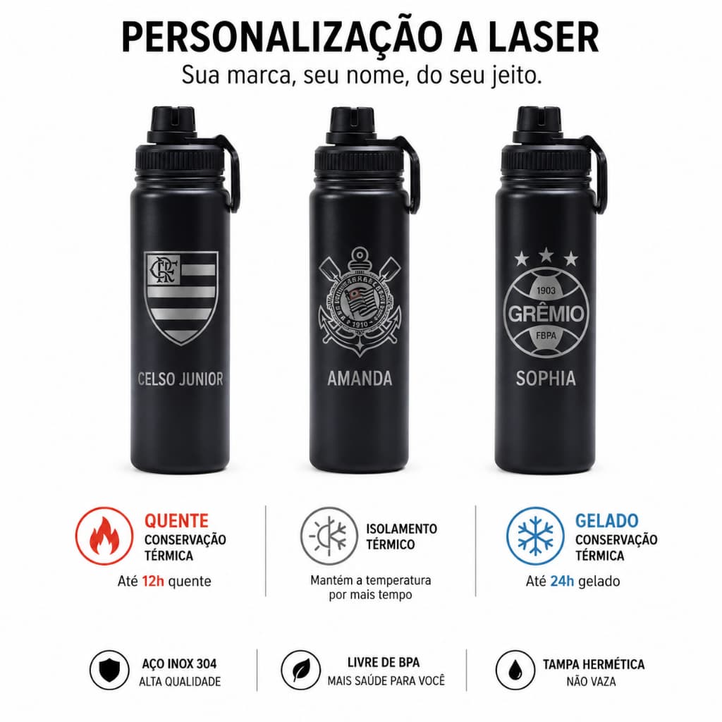 Garrafa Térmica de água Personalizada Inox 800ml com nome escudo de time trabalho escola academia