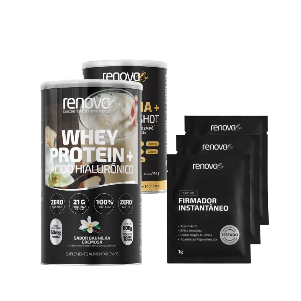 Kit Whey Protein Renova Be + Creatina Morning Shot Abacaxi +  Sachês Sérum Firmador