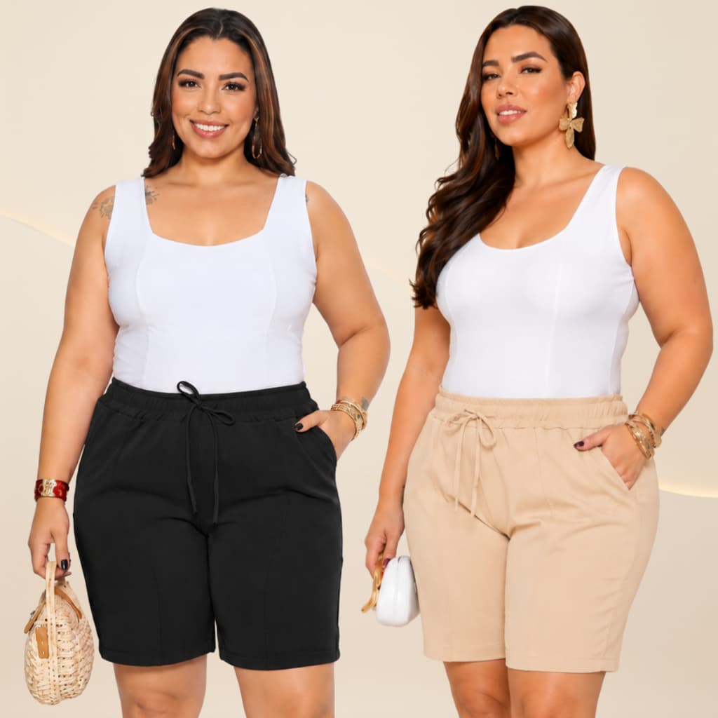 Kit 2 Short Duna G1 G2 G3 G4 Feminino Plus Size Bolso Elástico Na Cintura Estilo Verão Confortável