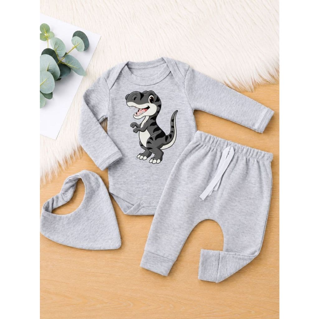 Conjunto Menino Bebê 3 Peças Animais Body Manga Longa Calça Mijão Algodão Babador Moda Infantil Fofo