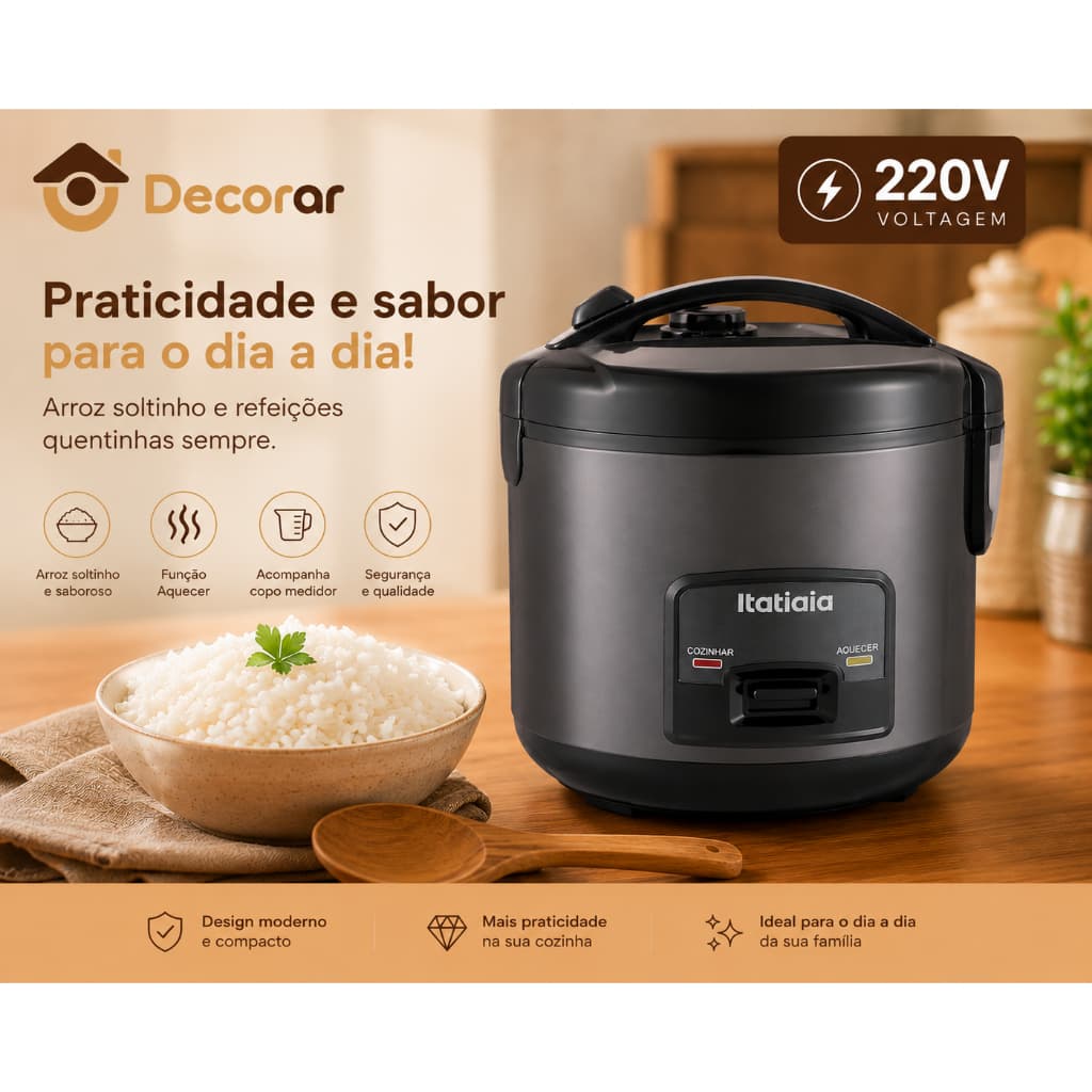 Panela de Arroz Itatiaia 1L 220V Preta 5 Xícaras Antiaderente Mantém Aquecido