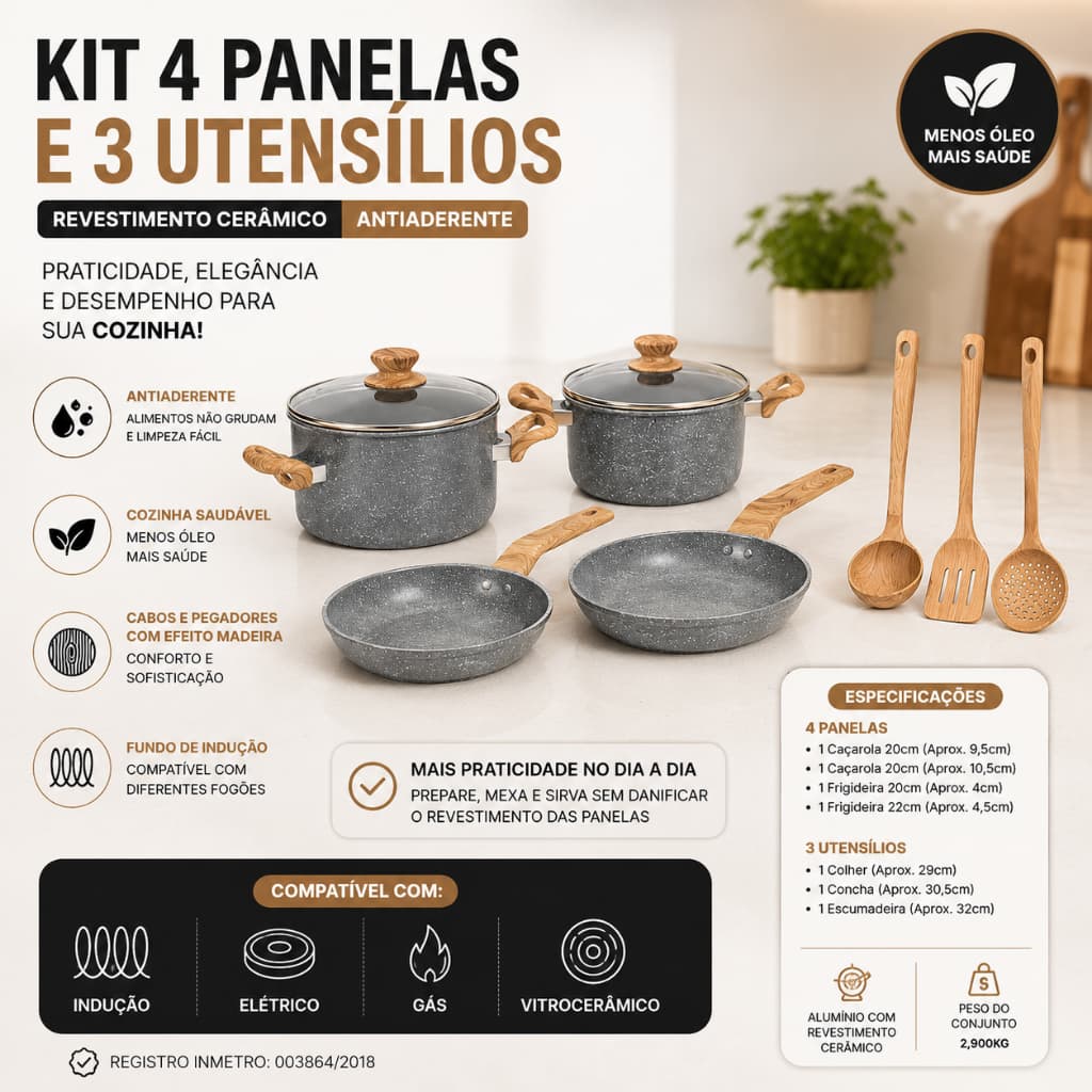 Conjunto Panelas Antiaderente Utensilios Cozinha 4 Pecas 3 Utensilios