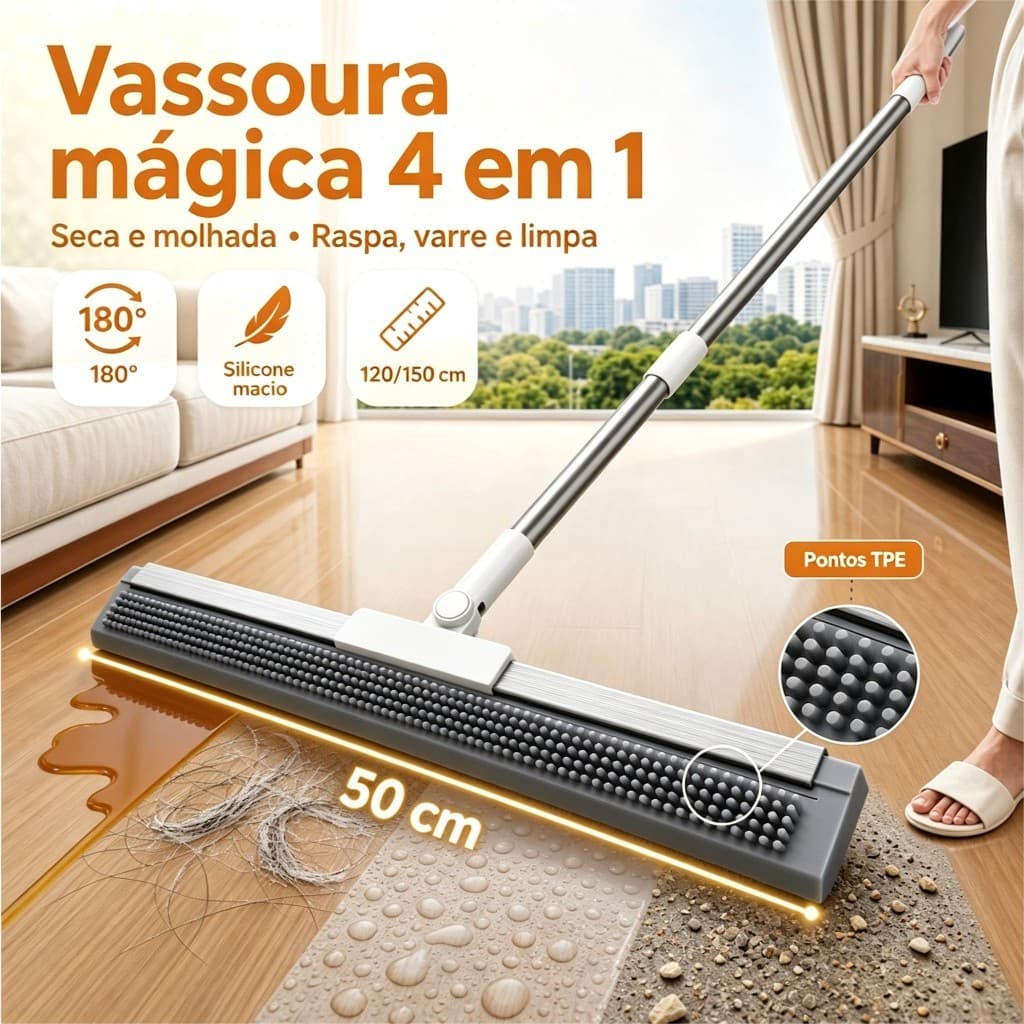 Vassoura Mágica 4em1 Rodo Silicone 50cm Cabo Ajustável 120/150cm Limpeza Banheiro Cozinha Vidro