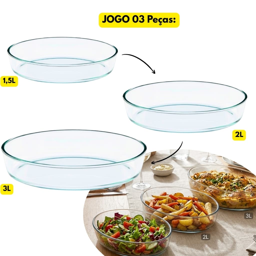 Jogo Kit 3 Assadeiras Vidro Oval Travessa Lasanheira 1,5L + 2L + 3L Pequena Media Grande Refratário Forno