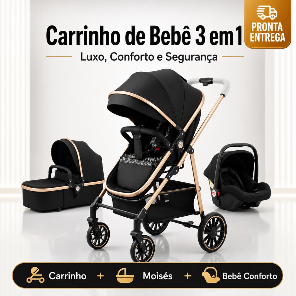 Carrinho De Bebê 3 Em 1 Premium Luxo Moisés + Bebê Conforto Completo Reclinável Rodas Com Amortecedor Kit Enxoval Segura