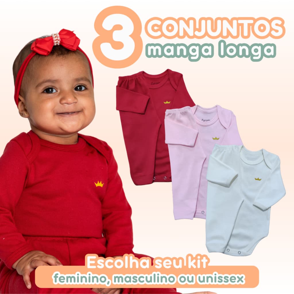 Kit 6 Peças Bebê Conjunto Body + Calça Liso 100% Algodão Meia Estação Feminino Masculino Unissex 6 Peças Zuraffa Baby