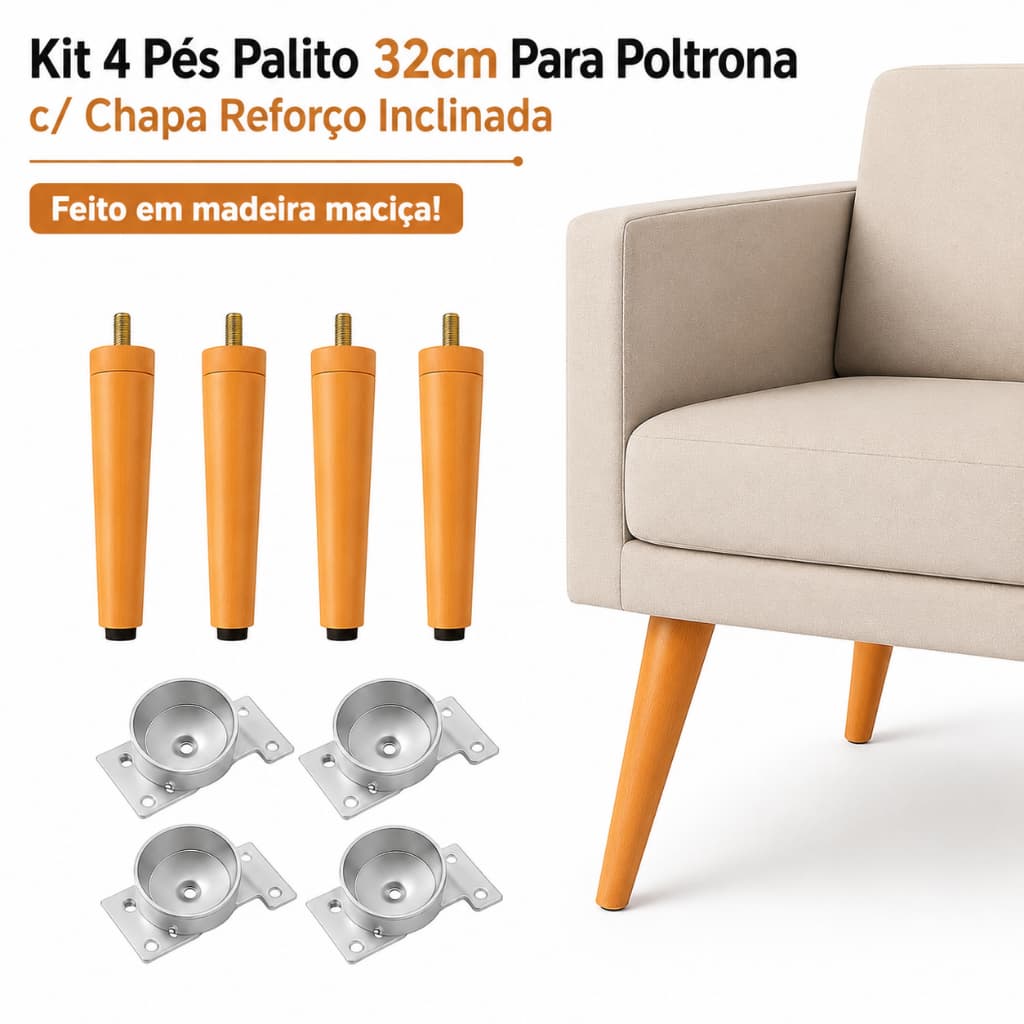 Kit 4 Pé Palito 32cm + 4 Chapas Reforço Poltronas Puff Puf Cadeiras Mesa Centro