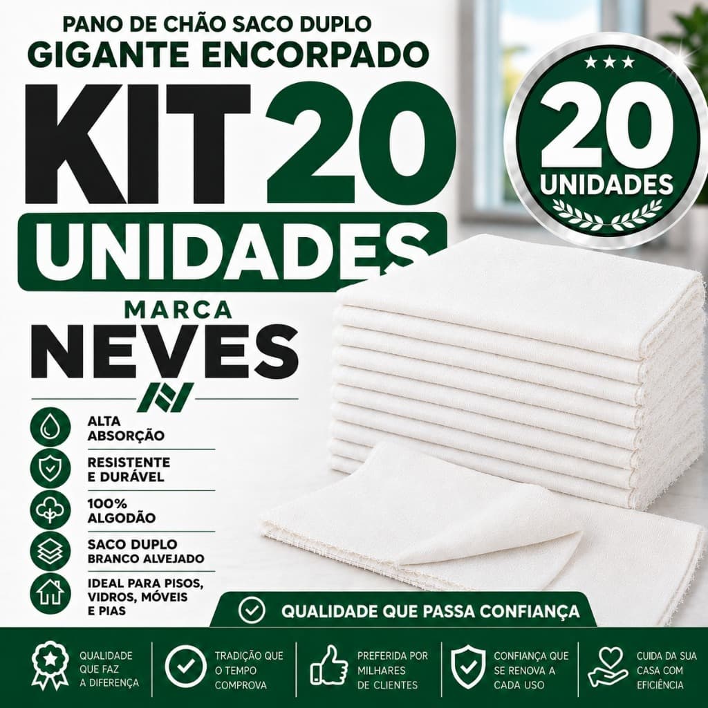Pano De Chão Gigante Branco 40x80 Cm Encorpado Neves 100% Algodão Duplo 90Gr Saco Duplo Alvejado