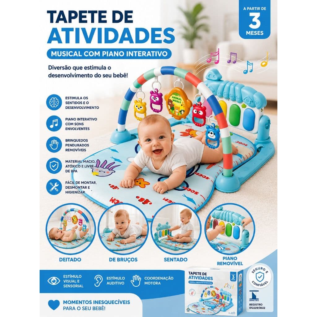 Tapete de Atividades Bebê Musical Piano Interativo Ginásio Infantil Azul 3 Meses