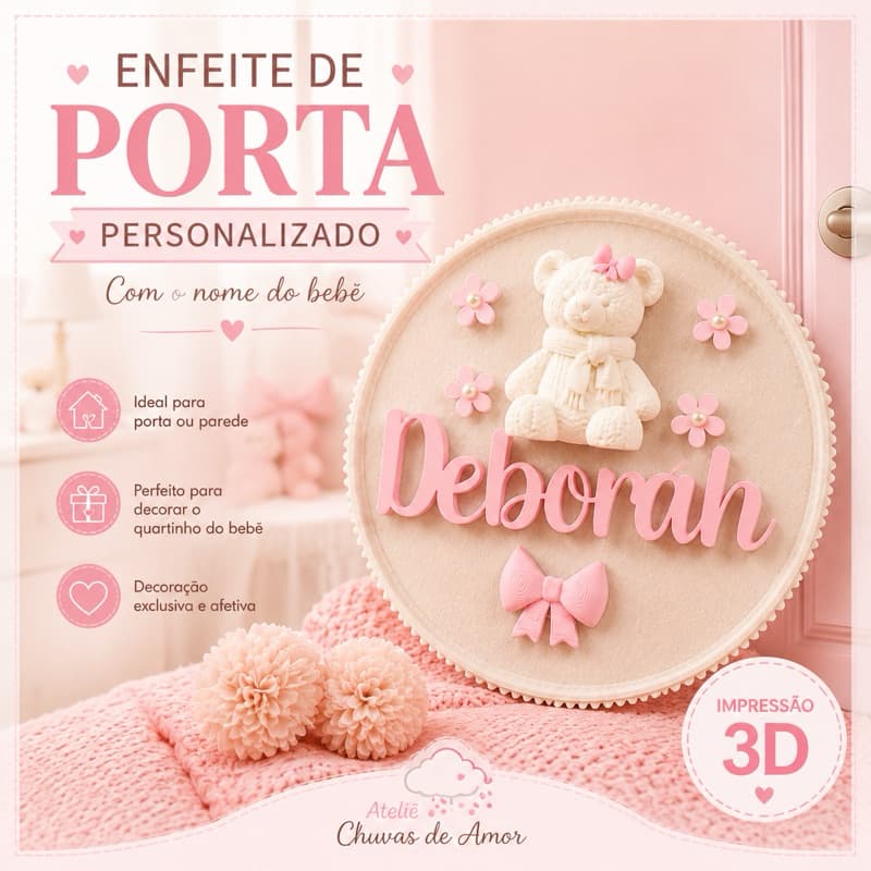 Porta Maternidade Ursinha Personalizada com Nome | Enfeite de Porta ou Parede | Impressão 3D