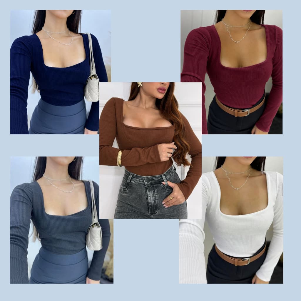 Kit 5 Body Manga Longa Canelado Gola Quadrada Quentinho Inverno Casual Básico Chique Luxo