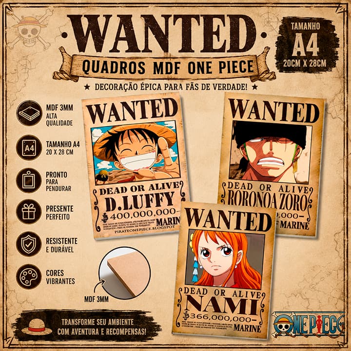 Quadro Wanted One Piece MDF A4 | Cartaz Procurado Anime Decoração Geek