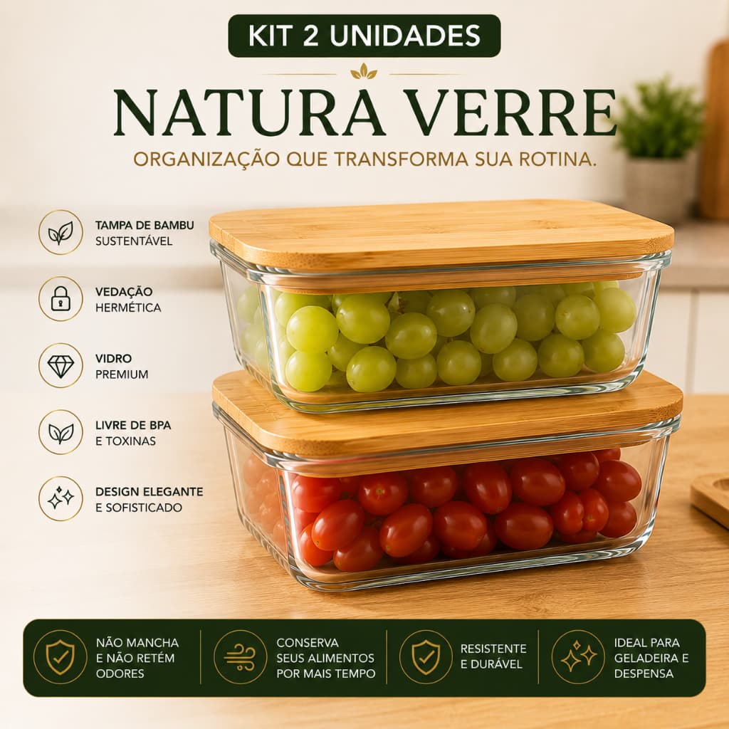 Pote de Vidro Hermético 600ml com Tampa de Bambu Organizador Mantimentos Natura Verre