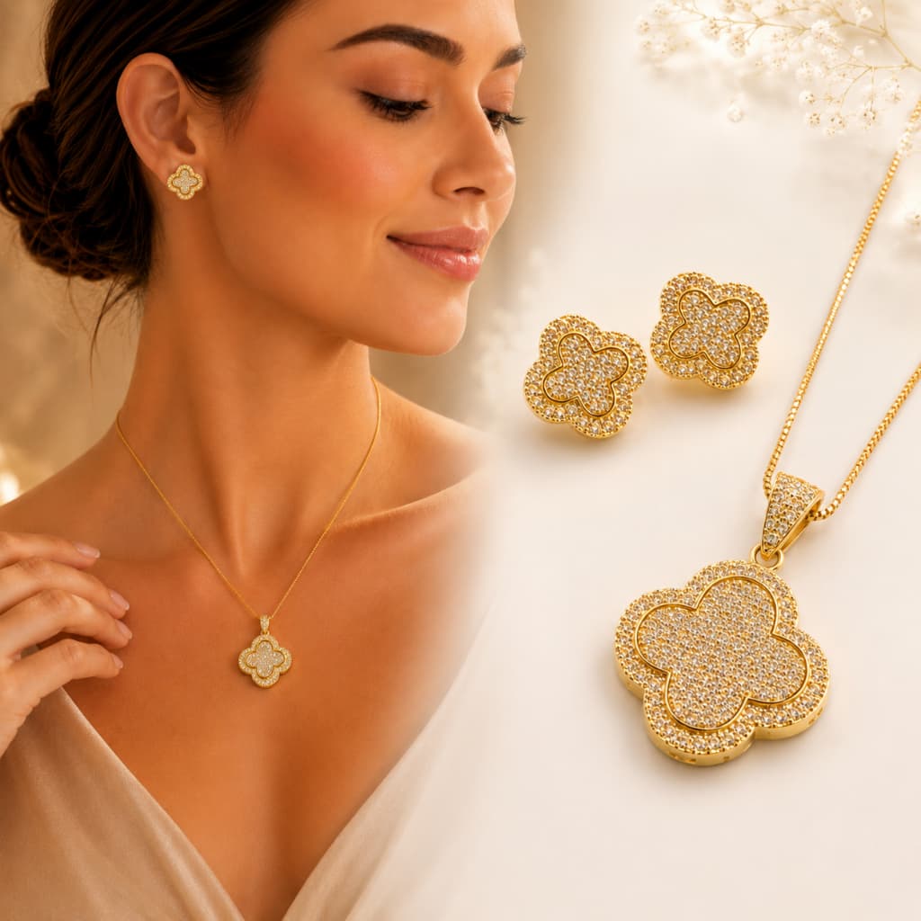 Conjunto Colar + Brinco Cravejada em Zircônias | Banhada Ouro 18K/Prata 925 | Elegante e Luxuoso