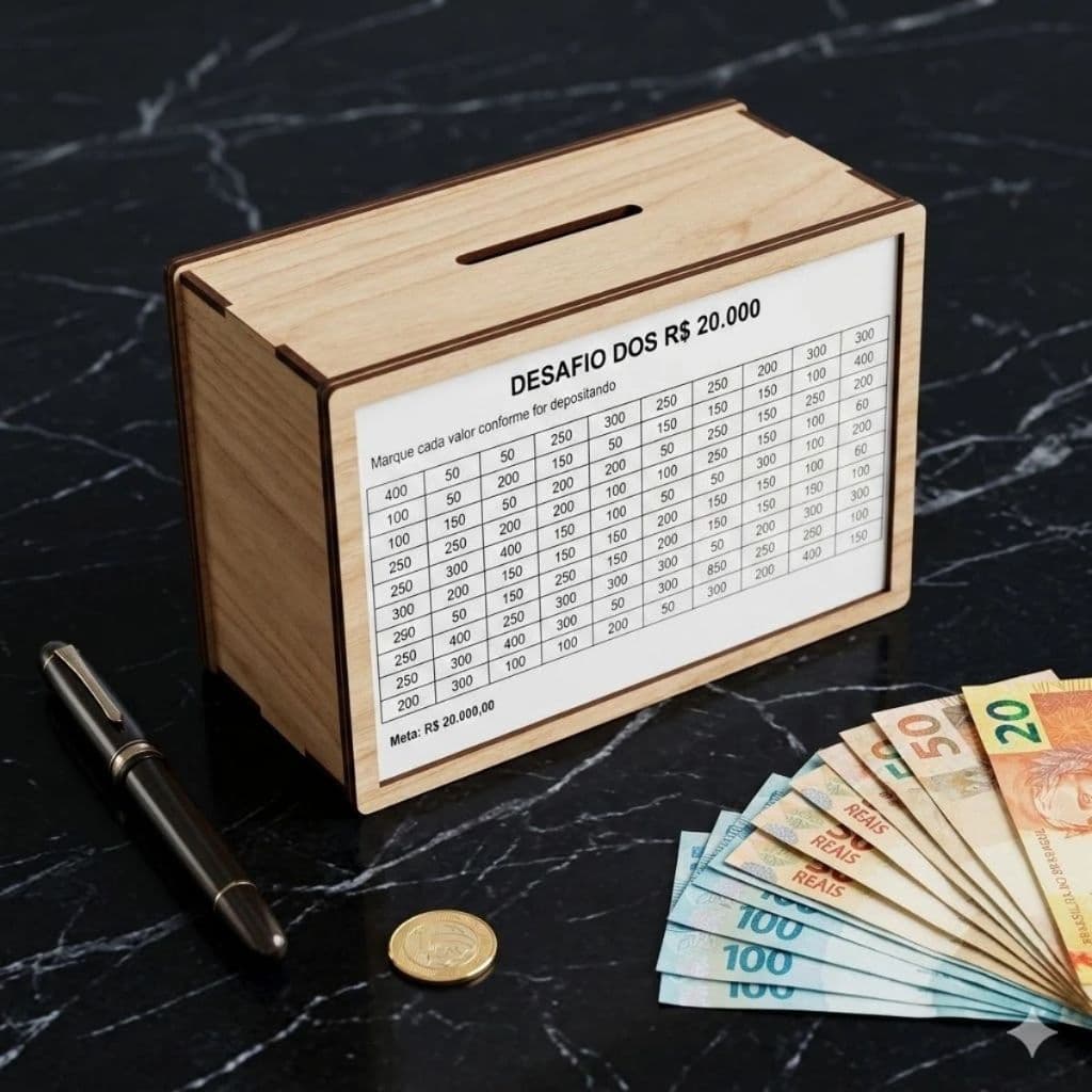 Cofre Desafio Dinheiro 1.000 a 20.000 Reais Em MDF Cofrinho para Economizar 22x14,5cm