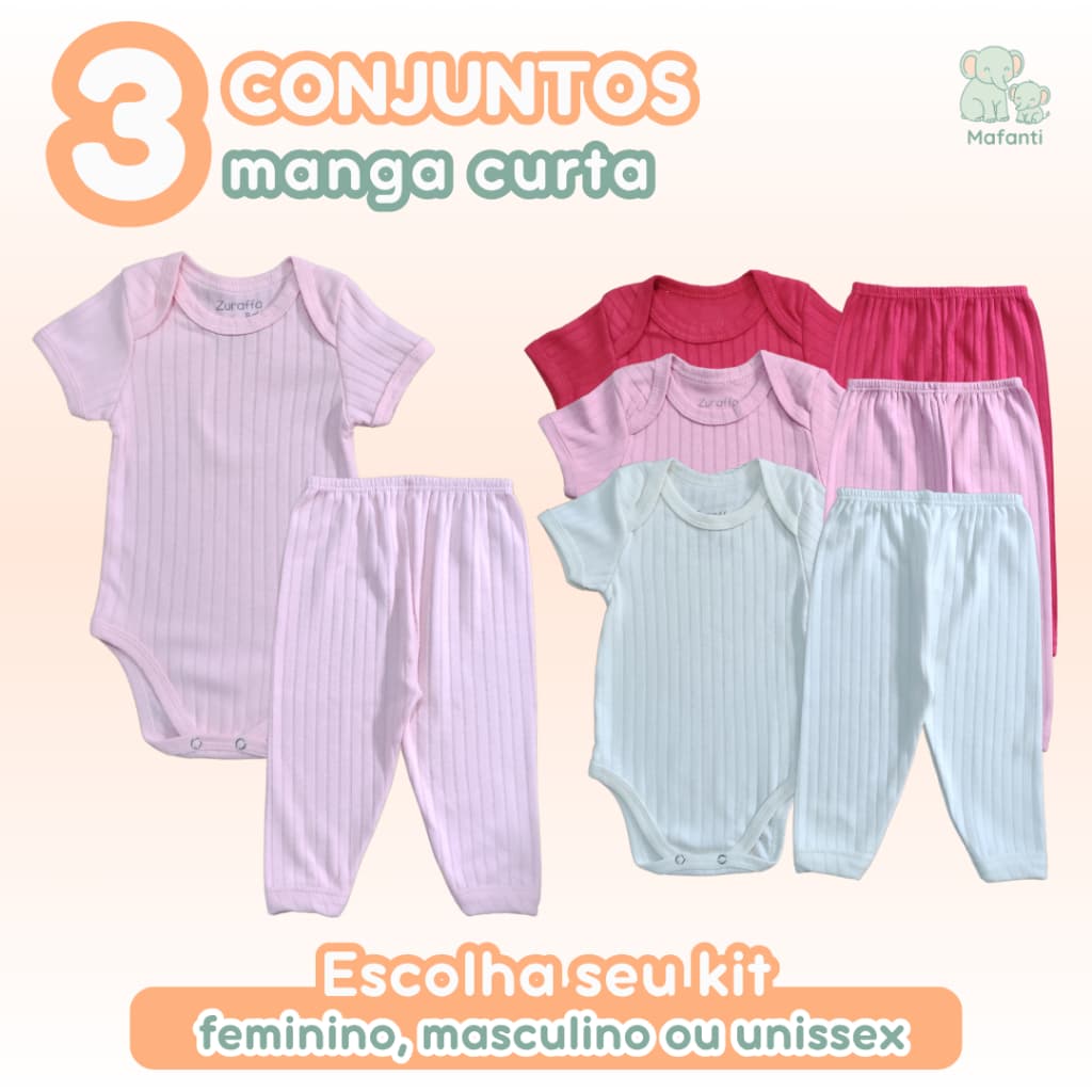 Kit 3 Conjuntos Bebê Suedine Canelado Comfort Baby 100% Algodão Liso Cores Verão Meia Estação Calor Menina Menino