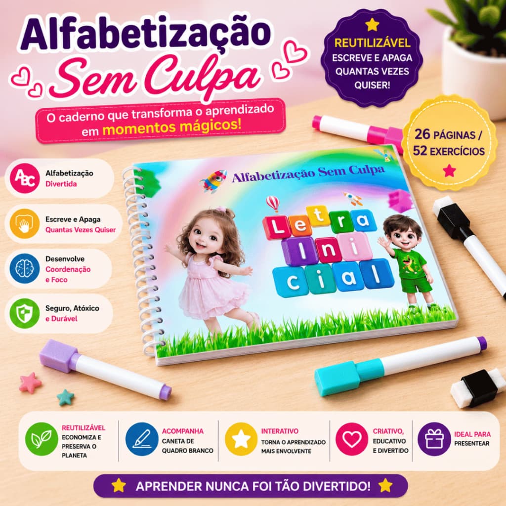 Caderno de Alfabetização Letra Inicial A5  Escreve e Apaga  52 Exercícios  Reutilizável com Caneta