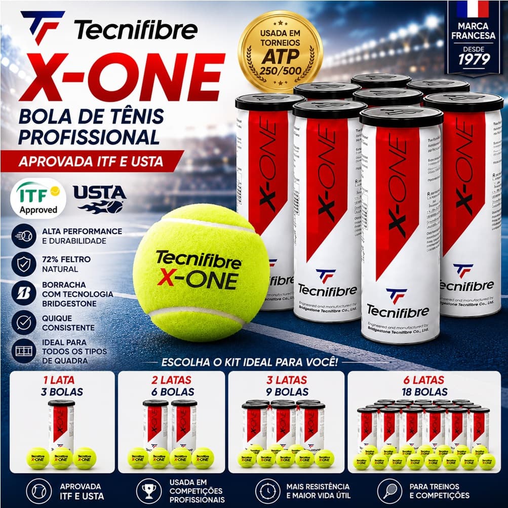Bola De Tênis Profissional Original Tecnifibre X-One Aprovada ITF USTA Copa Davis Kit Lata Com 3 6 9 ou 18un Escolha