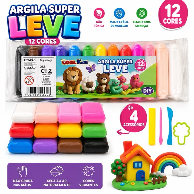 ARGILA SUPER LEVE – 12 CORES + 4 ACESSÓRIOS PARA MODELAR!
