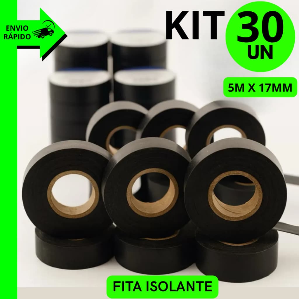 Kit 30/20/10/5 Unidades Fitas Isolante Preta 5m x 17mm Flexível com Forte Adesão Longa Durabilidade