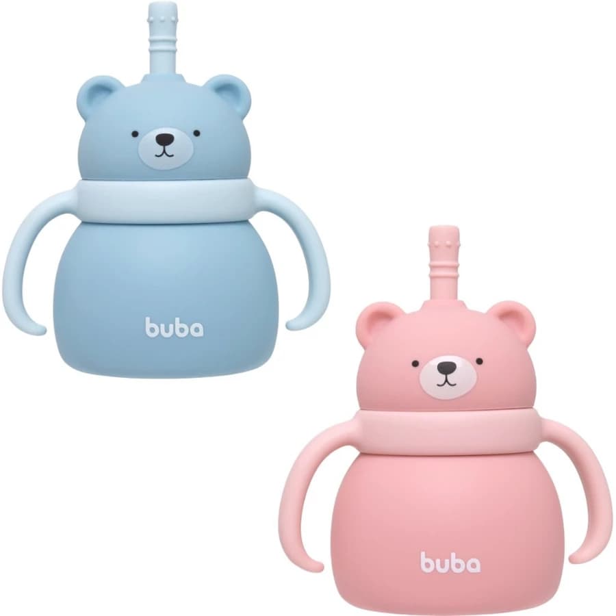 Copo em Silicone Ursinho com Canudo Buba Azul ou Rosa com Alça não derrama, Alça Removivel