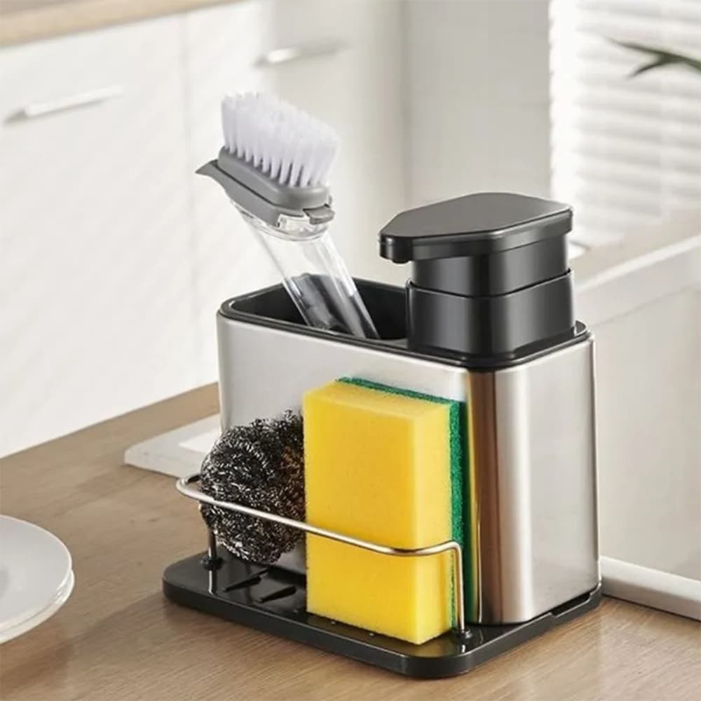 Dispenser de Detergente com Porta-Esponja e Escorredor – Aço Inox 3 em 1 – Organize sua Pia