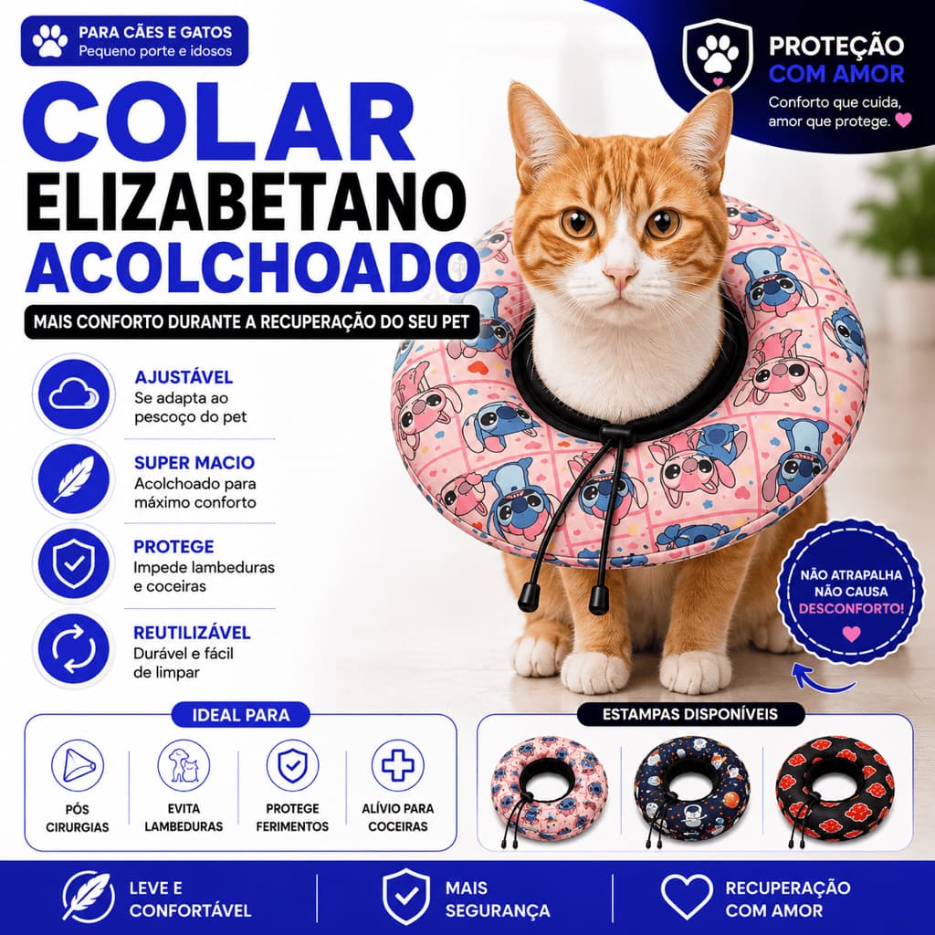 Colar Elizabetano Acolchoado Proteção Pós Cirurgia para gatos e cachorros Regulável