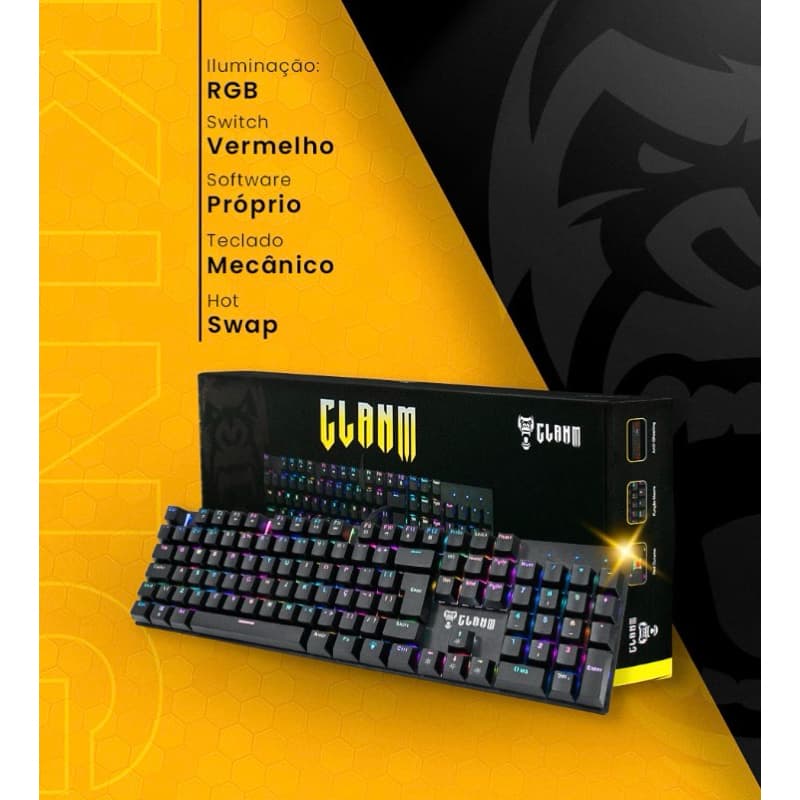 Teclado Mecânico Gamer CLAMM RGB Hot Swap Switch Vermelho ABNT2 com Software
