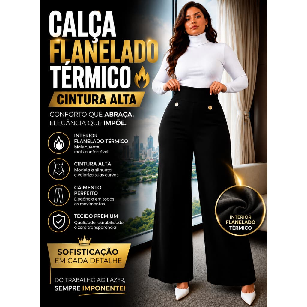 Calça Térmica Flanelada Pantalona Plus Size na promoção Preta Cintura Alta Social Boca De Sino Cós Alto Boca Larga