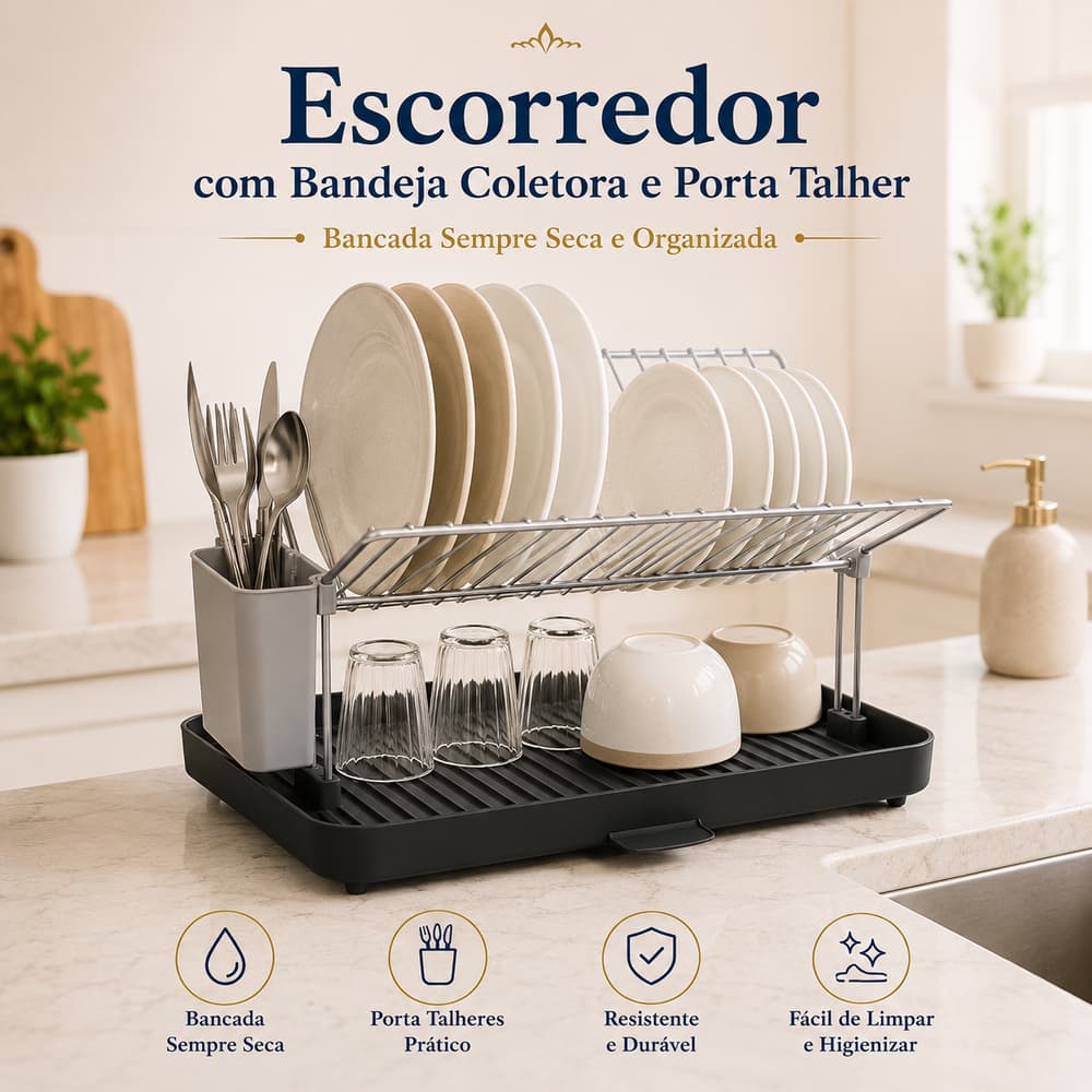 Escorredor de Pratos Metal com Porta Talheres, Louças, Base Coletora de Água, Organizador Cozinha