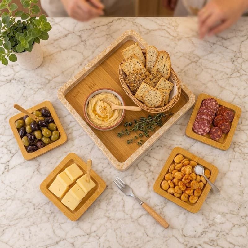 Conjunto Kit Petisqueiras 5 em 1 Bandeja Madeira Quadrada Aperitivo Petisco Tabua Frios Servir Queijo Frutas Churrasco