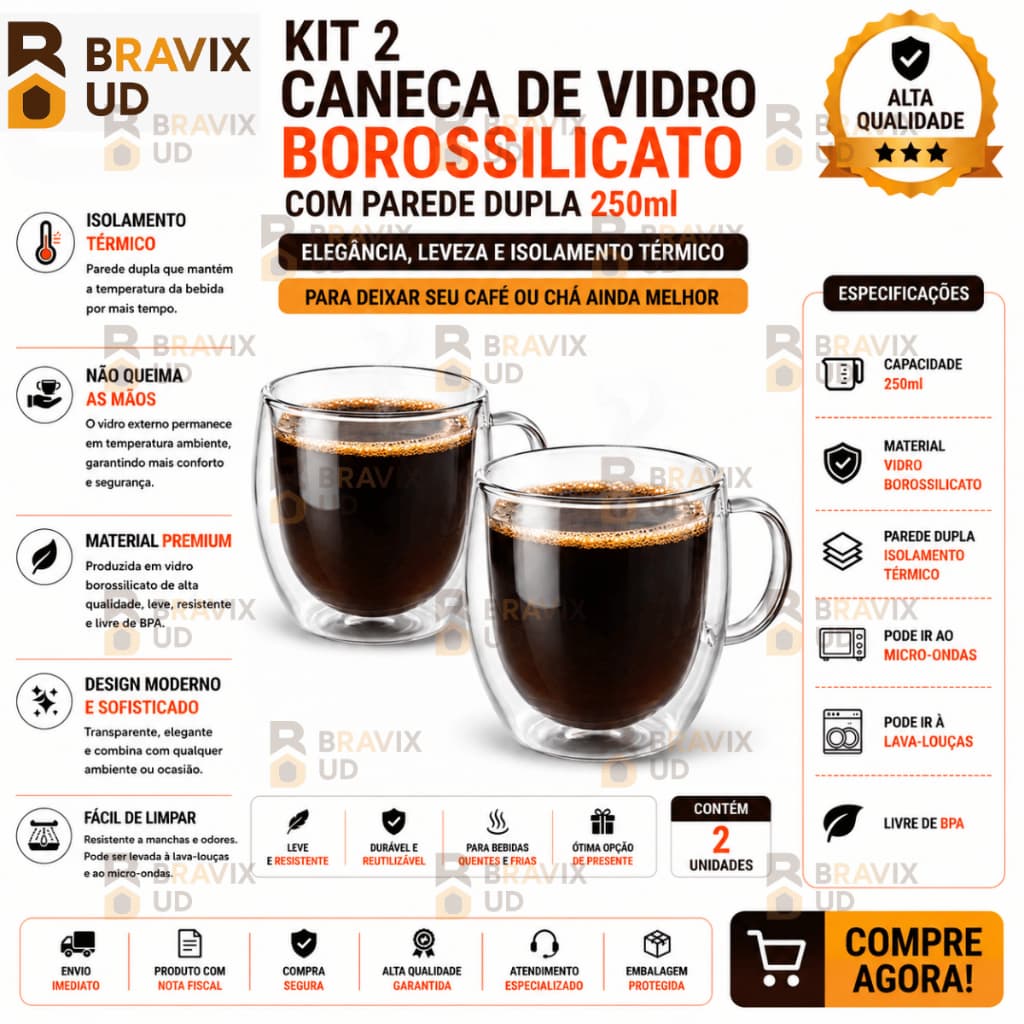 Caneca de Vidro Borossilicato com Parede DUPLA Com Capacidade de até 250ml