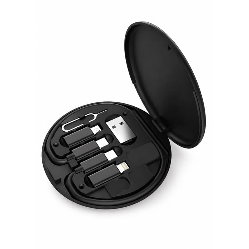 Cabo de Dados Multifuncional Preto - Armazenamento One-Stop e Suporte de Celular