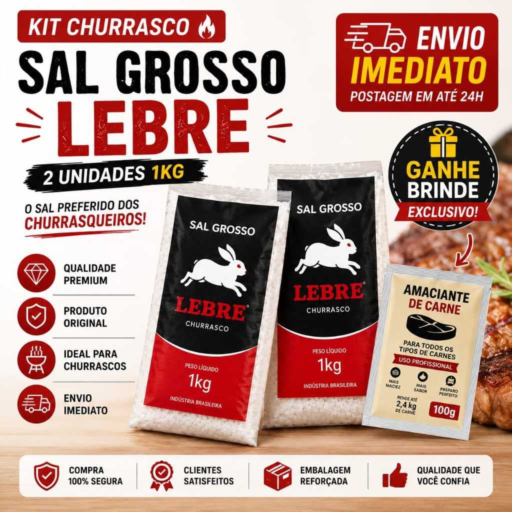 Kit 2 Sal Grosso para Churrasco Lebre 1kg cada Validade Longa + Brinde Amacinte de Carne