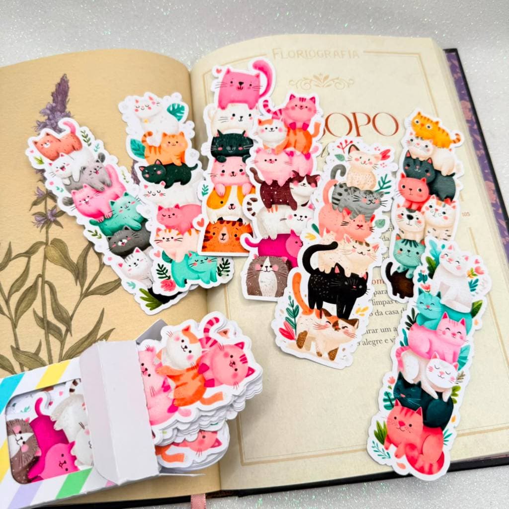 Kit 50 Marca Páginas Gatinhos Fofos Floral Kawaii 7 Modelos Diferentes