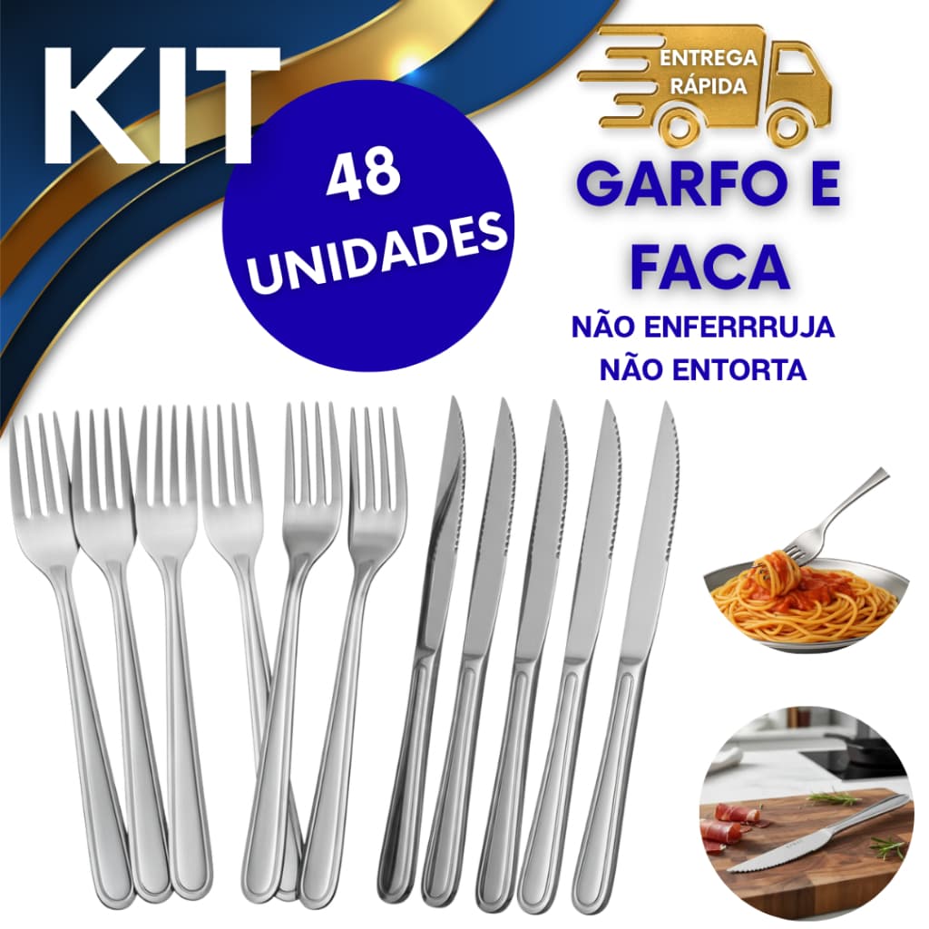 JOGO GARFO FACA MESA POSTA 48 PEÇAS RESTAURANTE COZINHA TALHER INOX COMPLEMENTO MARMITA VIAGEM