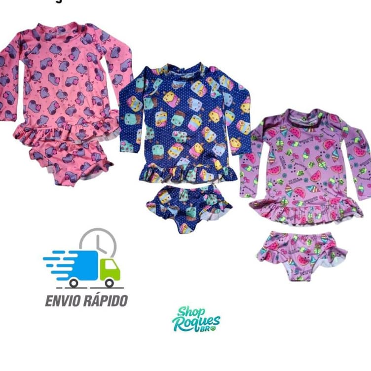 KIT 02 Biquini Infantil Manga Longa Proteção UV - 04 peças Estampado Praia Piscina para Menina
