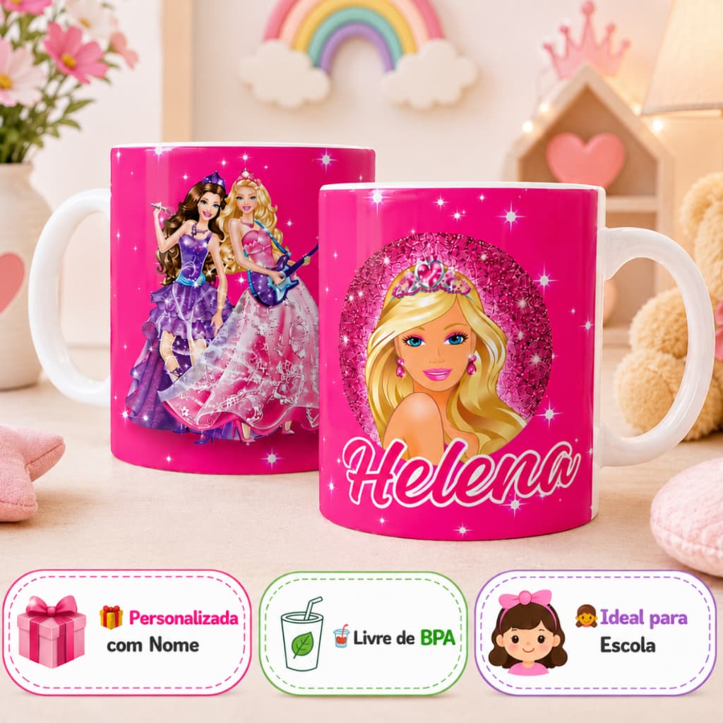 Caneca  Infantil Escolar Personalizada com Nome BPA Free Menina Boneca Princesa