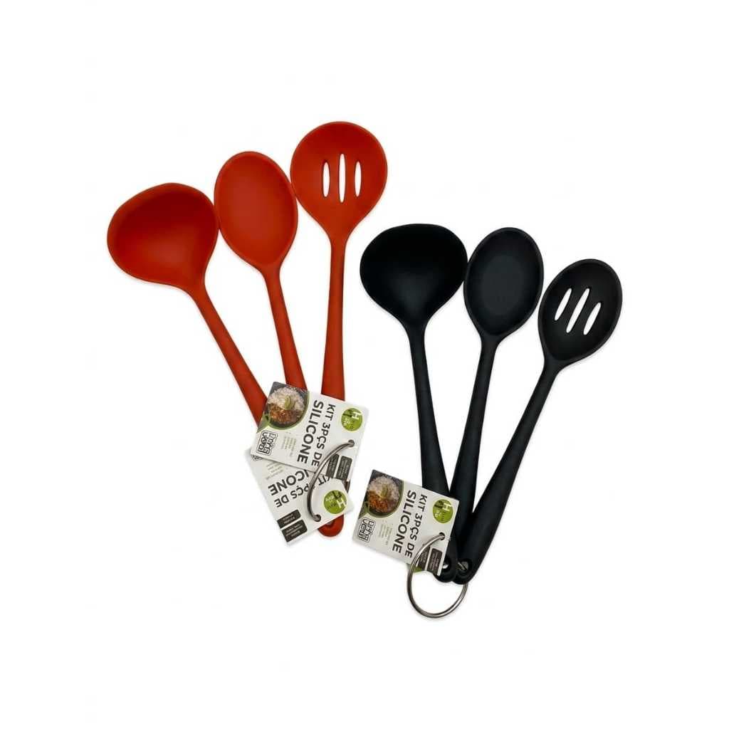 Kit Jogo 3 Peças Utensílio Cozinha Silicone Maciço Concha Colher Arroz Não Risca Panela Antiaderente