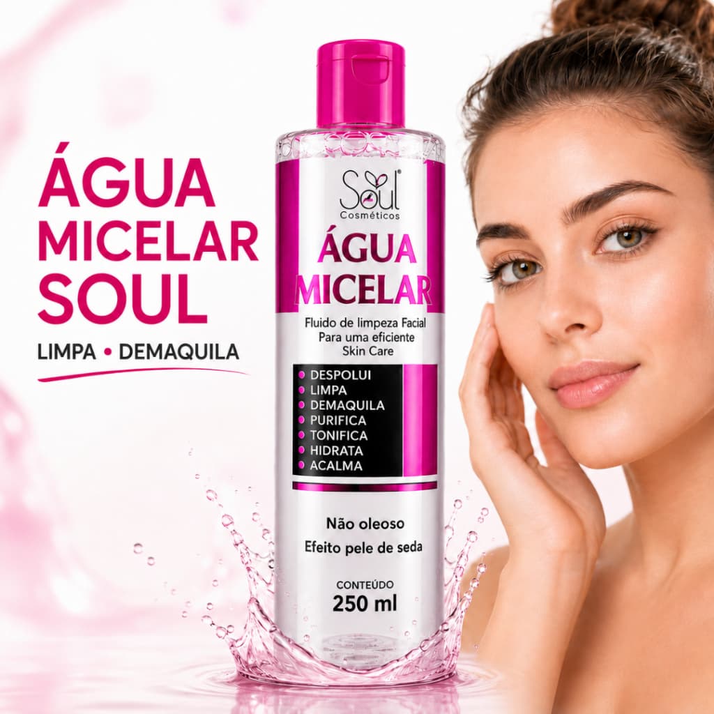 Água Micelar Soul Cosméticos 250ml Demaquilante Limpeza Facial Pele Limpa