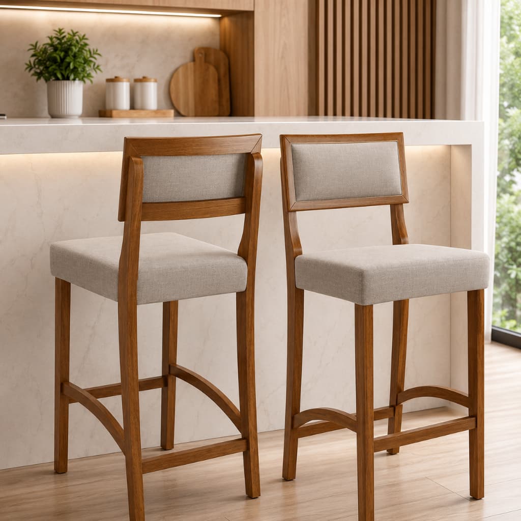 Kit 2 Banquetas Altas de Madeira Estofadas Cozinha  Balcão Área Conforto e Elegância Comfort Bege