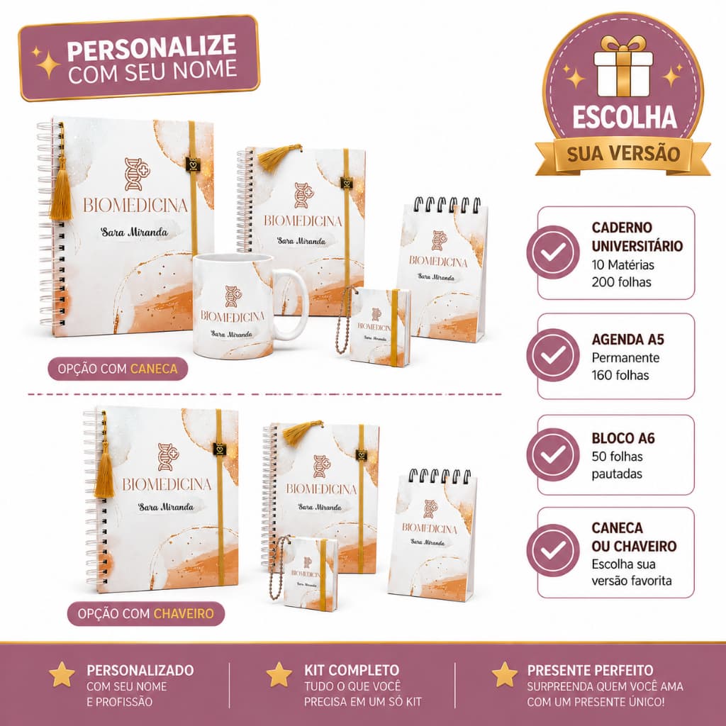 Kit Papelaria Personalizada Agenda Caderno Bloco Caneca ou Chaveiro Com Nome Presente Premium