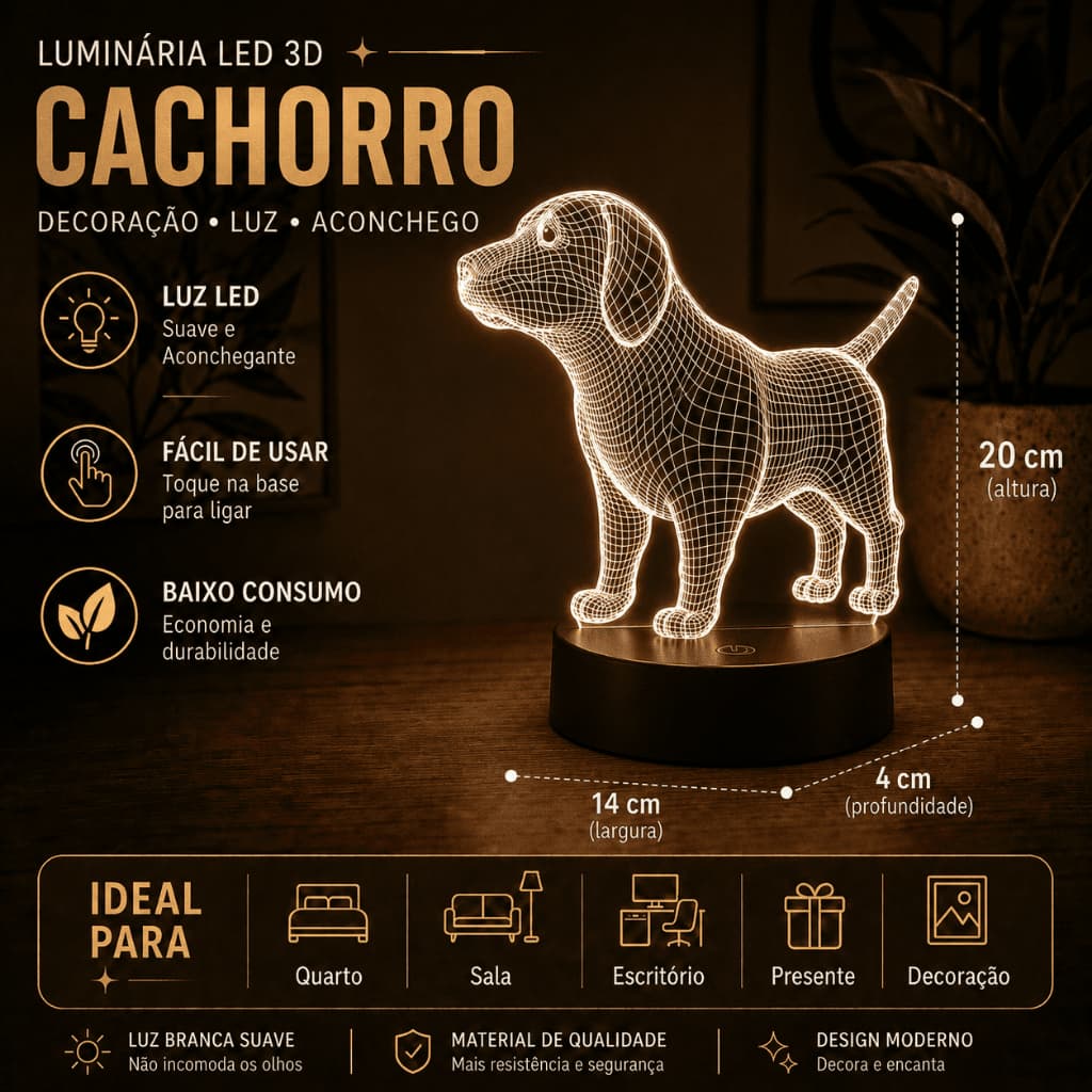 Luminária LED 3D Cachorro com Base – Abajur Decorativo Luz Quente para Quarto e Sala